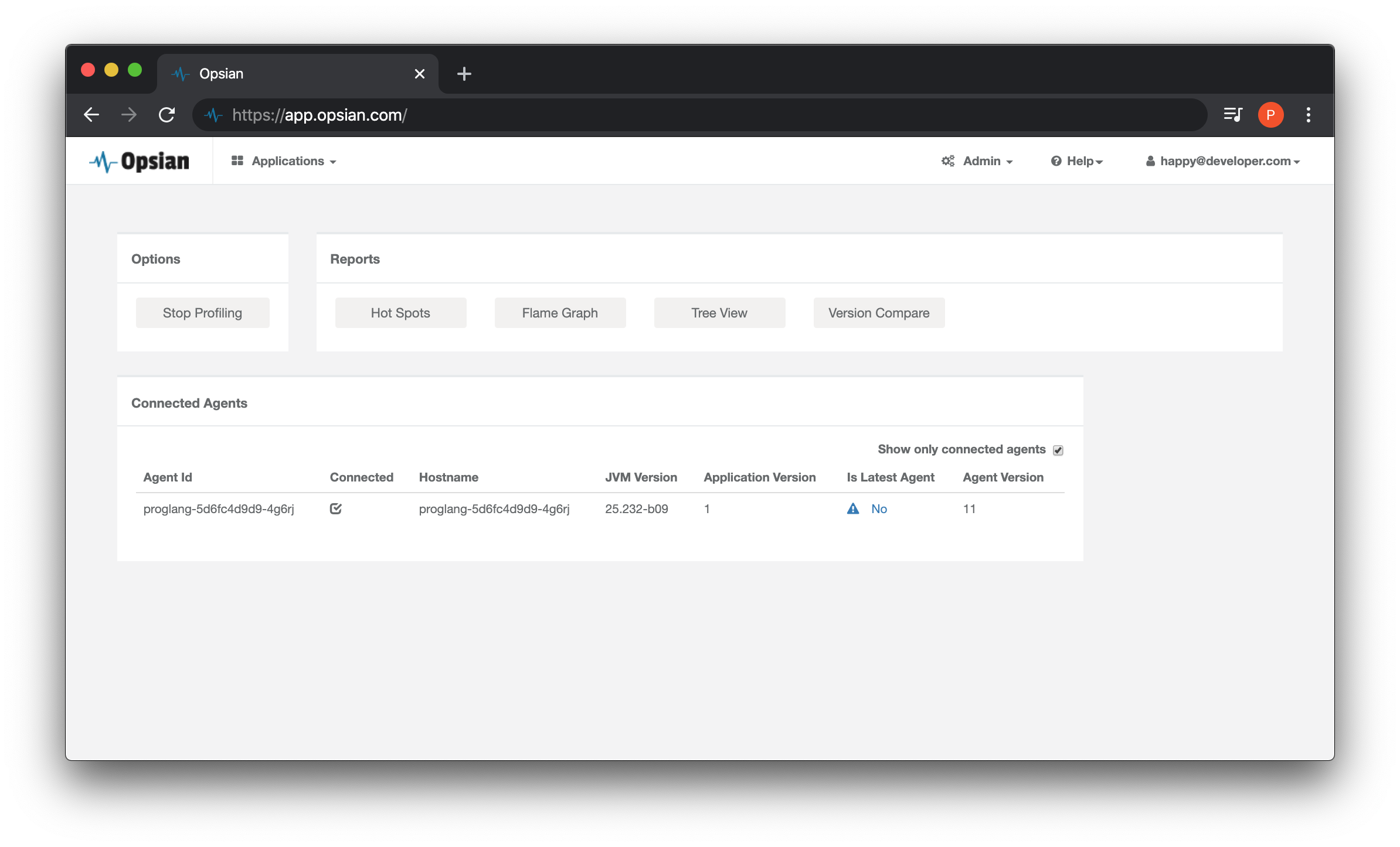 Opsian Continuous Profiling dashboard